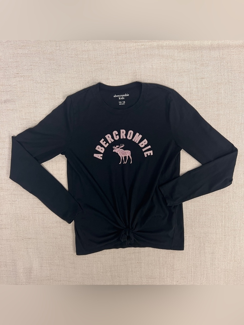 Abercrombie Kids Girls Black Tie Front Long Sleeve Tee Size 13/14 Sparkle Logo